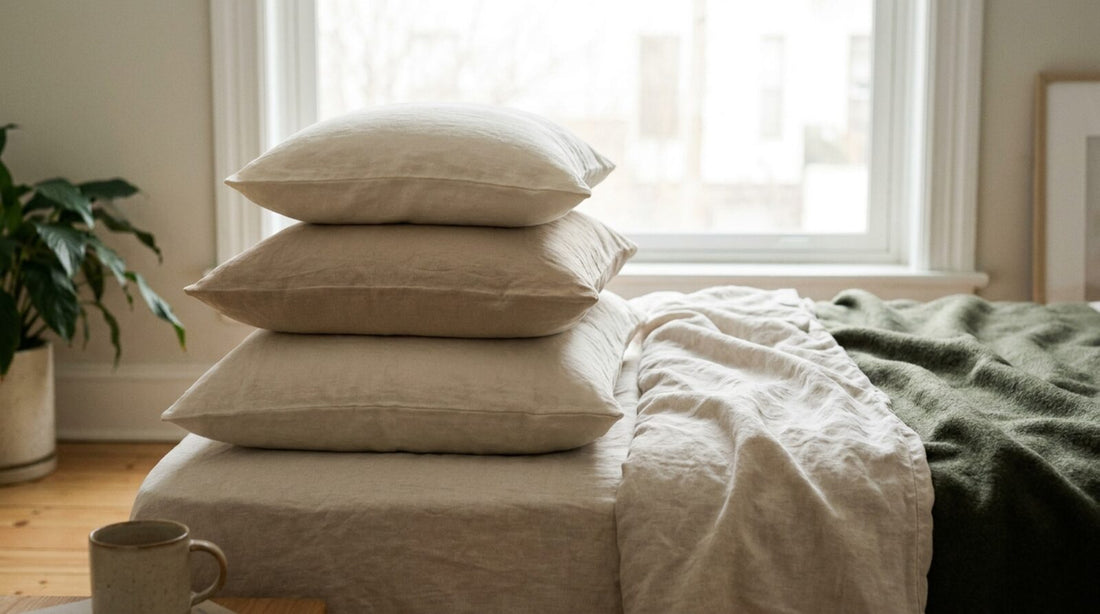 Tres almohadas de distinta altura apiladas sobre una cama de lino junto a la ventana