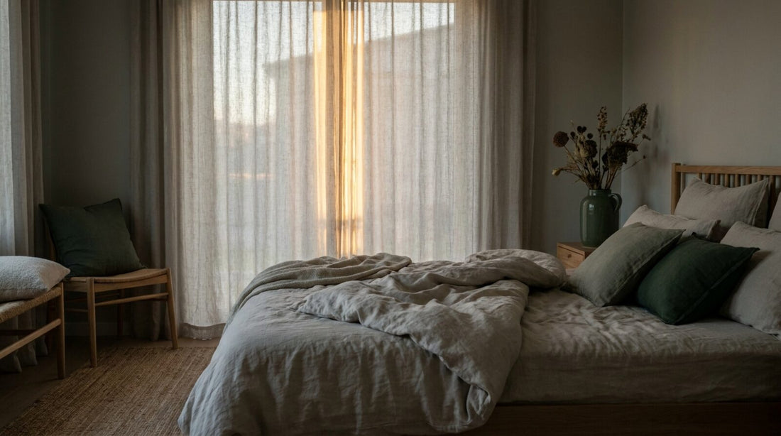 Dormitorio al amanecer con cortinas de lino entreabiertas y sábanas color hueso
