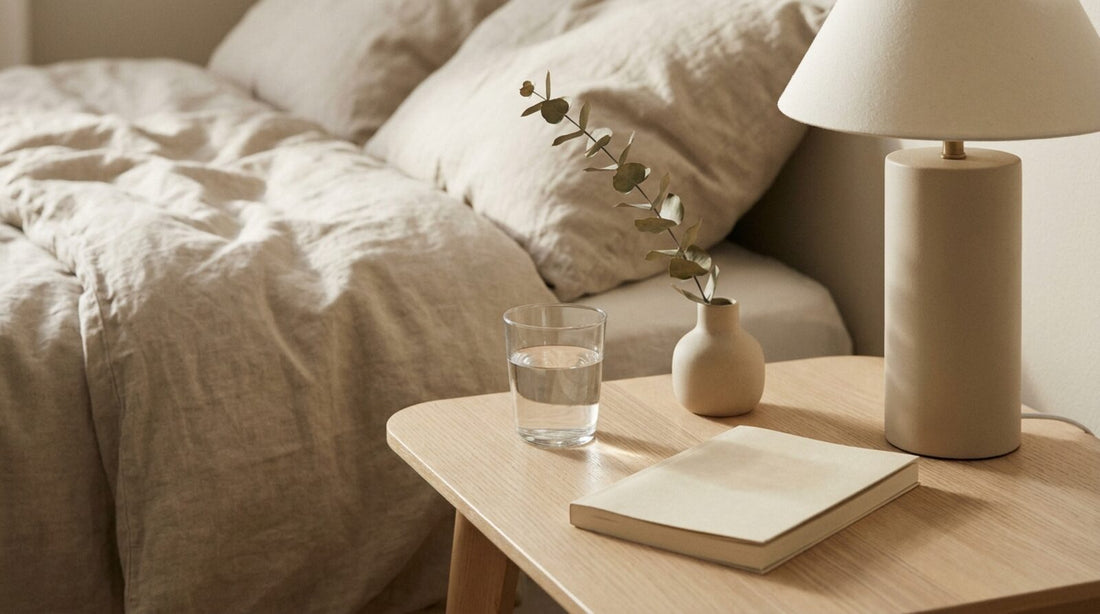 Mesilla de noche con un vaso de agua, una ramita de eucalipto y un libro, con la cama al fondo