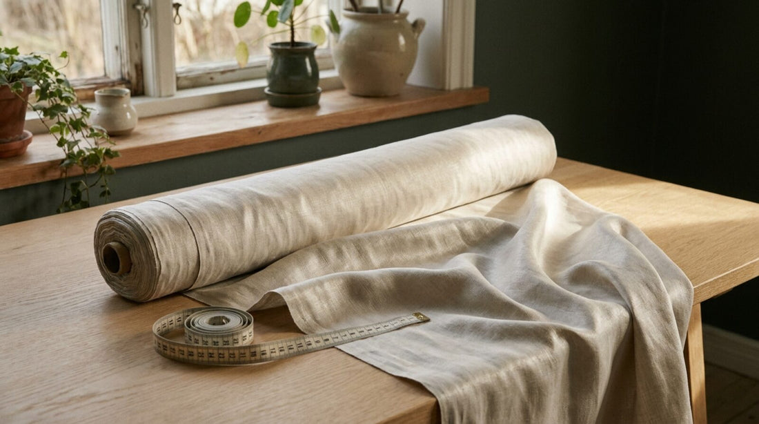 Rollo de tejido claro sobre una mesa de madera con una cinta métrica de sastre al lado