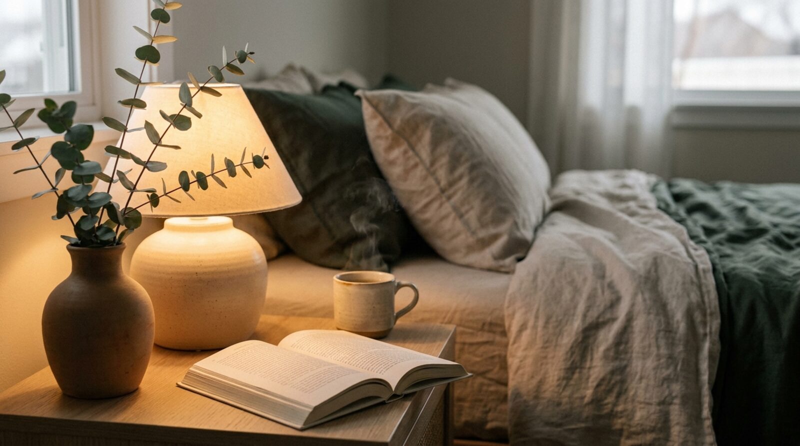 Mesilla de noche al anochecer con lámpara cálida, un libro y una taza de infusión