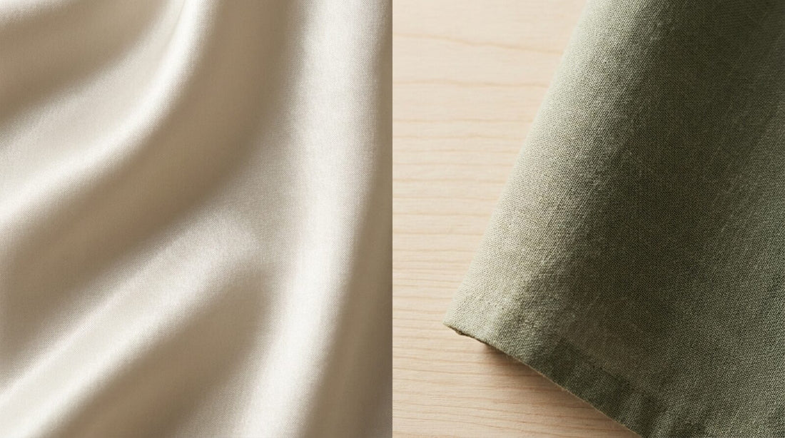 Dos tejidos claros enfrentados sobre madera: uno brillante y liso, otro mate con textura