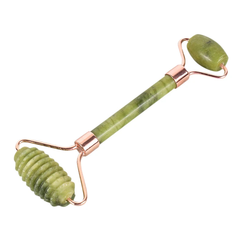 Set Rodillo Facial Dentado y Gua Sha de Jade Oro Rosa
