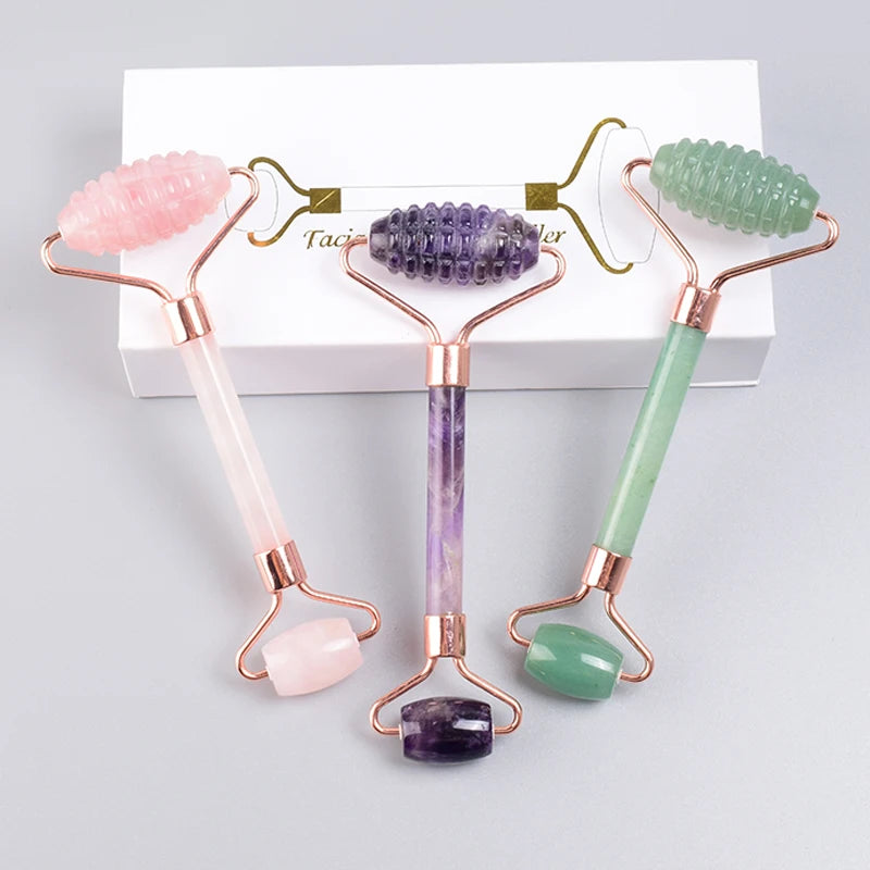 Set Rodillo Facial Dentado y Gua Sha de Jade Oro Rosa