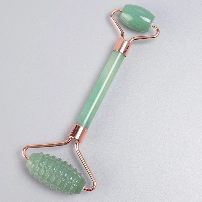 Set Rodillo Facial Dentado y Gua Sha de Jade Oro Rosa