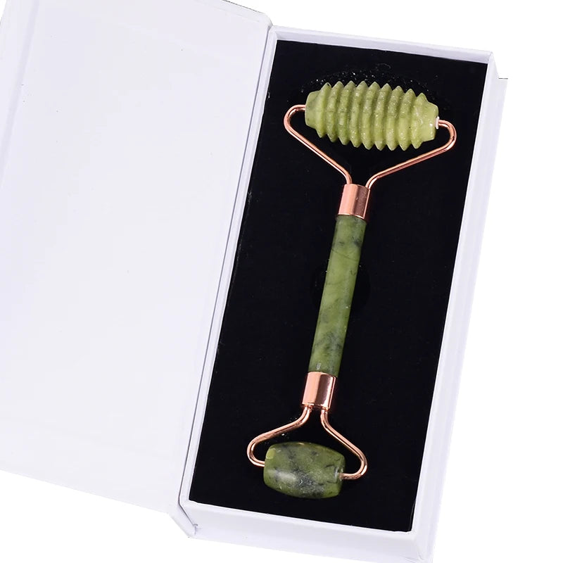 Set Rodillo Facial Dentado y Gua Sha de Jade Oro Rosa
