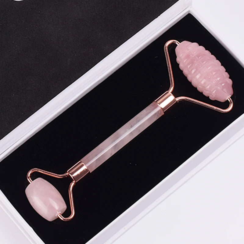 Set Rodillo Facial Dentado y Gua Sha de Jade Oro Rosa