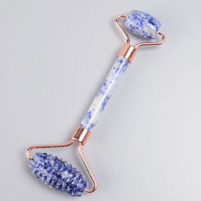 Set Rodillo Facial Dentado y Gua Sha de Jade Oro Rosa