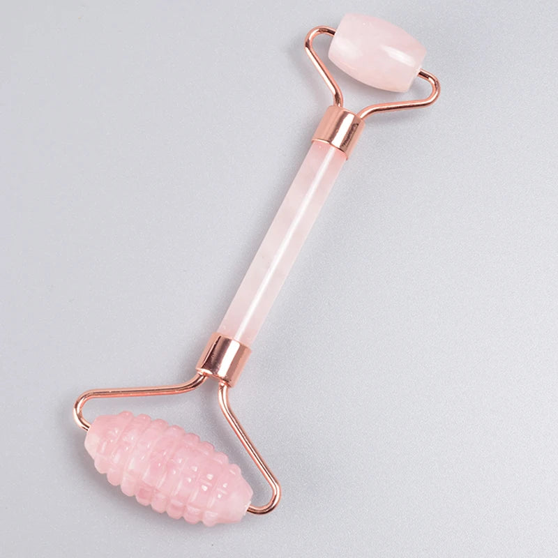 Set Rodillo Facial Dentado y Gua Sha de Jade Oro Rosa