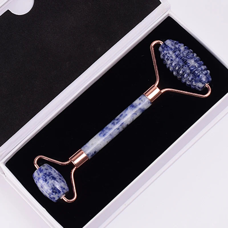 Set Rodillo Facial Dentado y Gua Sha de Jade Oro Rosa