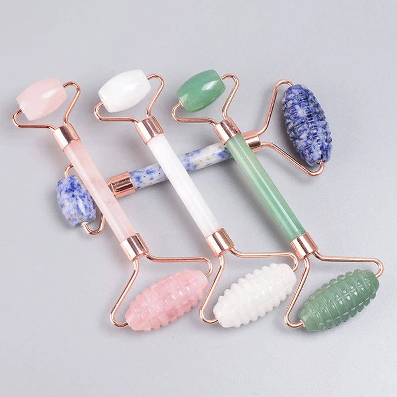 Set Rodillo Facial Dentado y Gua Sha de Jade Oro Rosa