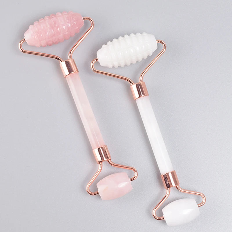 Set Rodillo Facial Dentado y Gua Sha de Jade Oro Rosa
