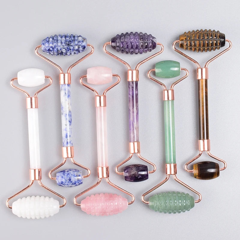 Set Rodillo Facial Dentado y Gua Sha de Jade Oro Rosa