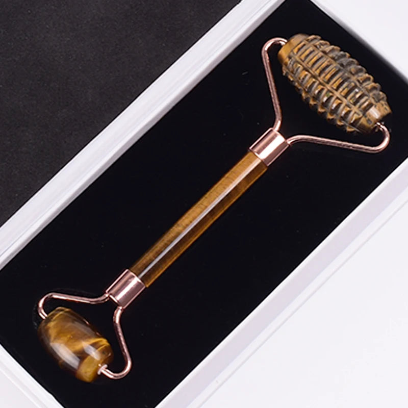 Set Rodillo Facial Dentado y Gua Sha de Jade Oro Rosa