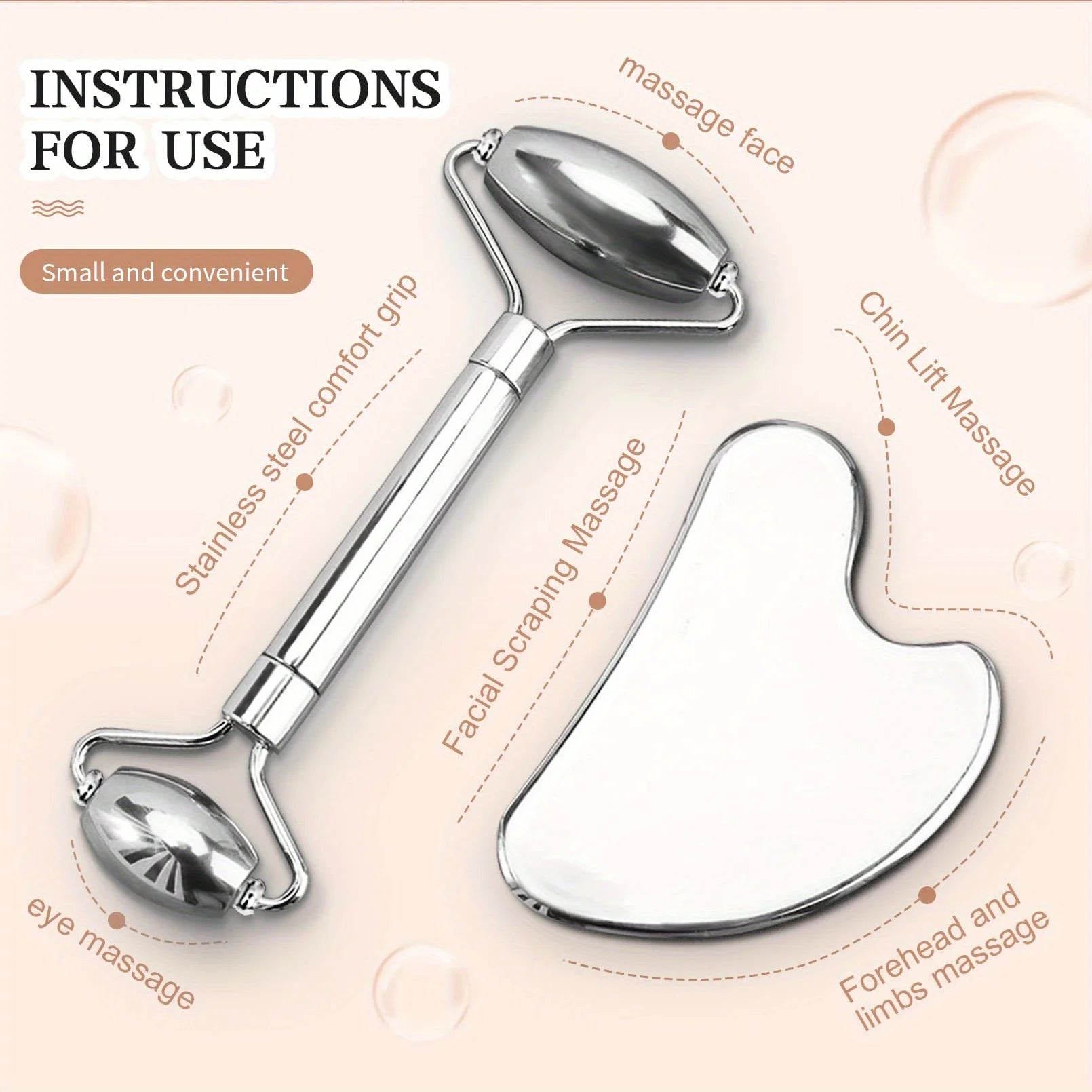 Set Rodillo Facial y Gua Sha de Acero Inoxidable