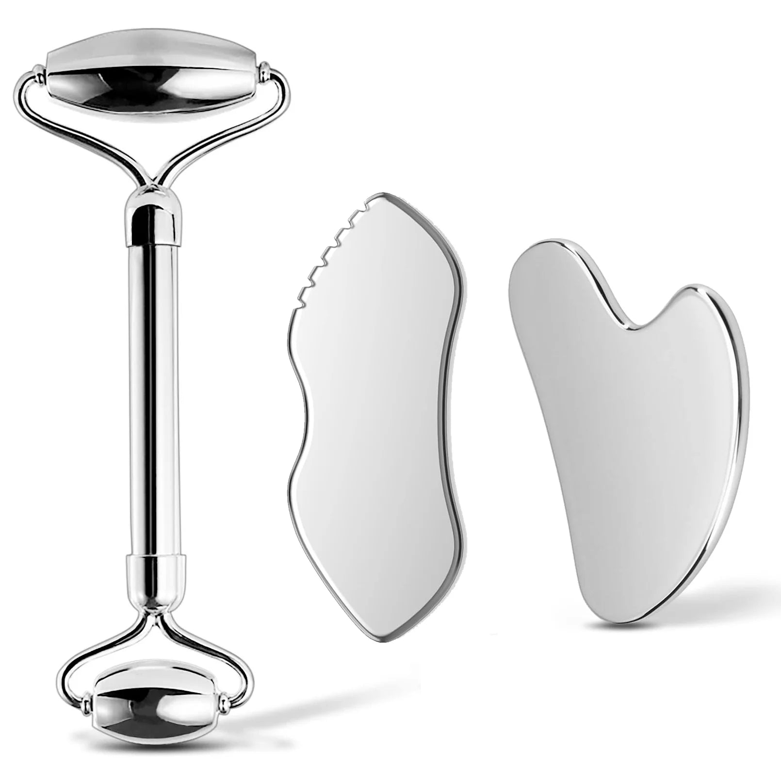 Set Rodillo Facial y Gua Sha de Acero Inoxidable