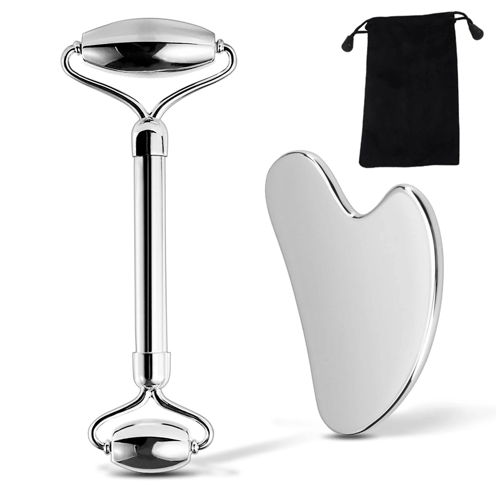 Set Rodillo Facial y Gua Sha de Acero Inoxidable