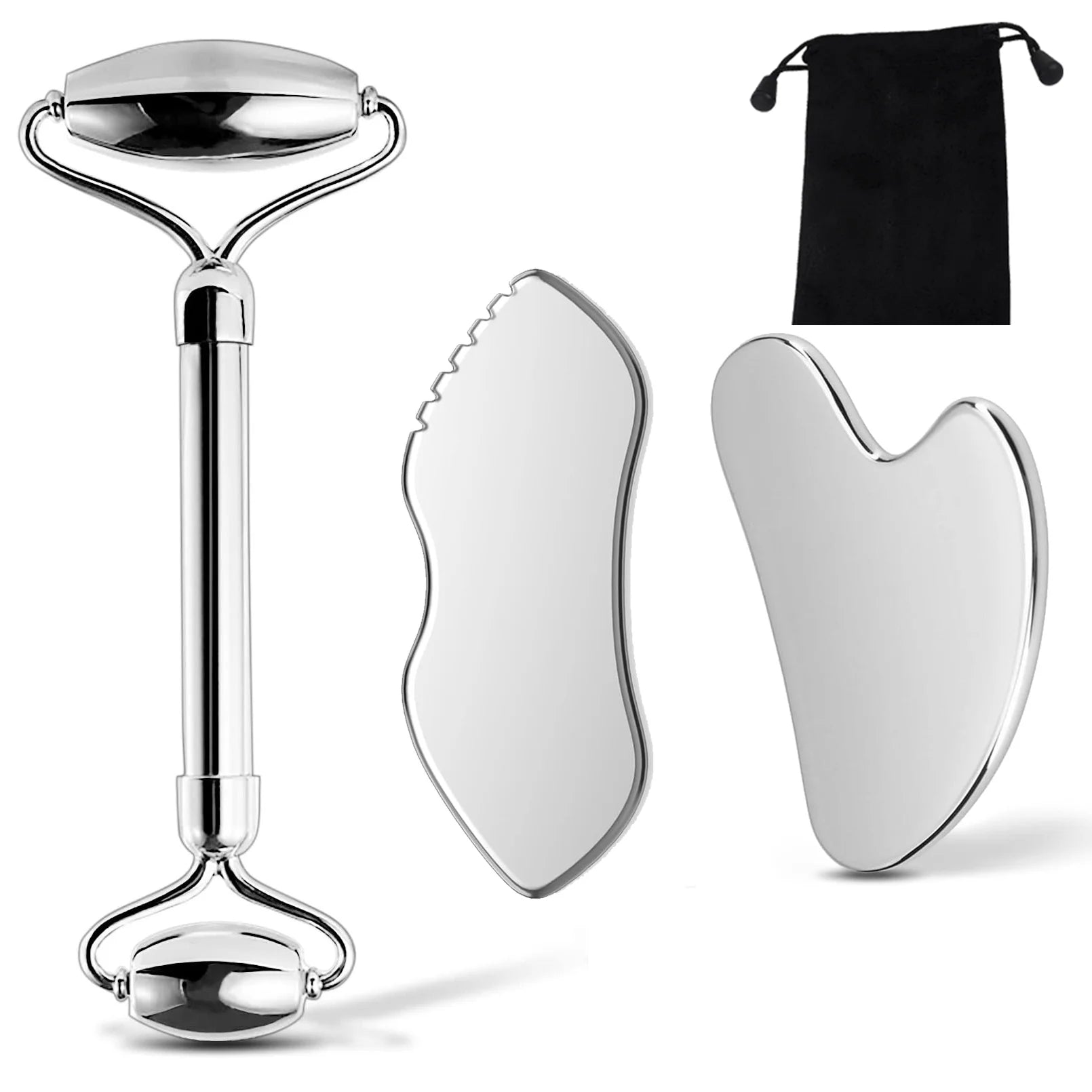 Set Rodillo Facial y Gua Sha de Acero Inoxidable