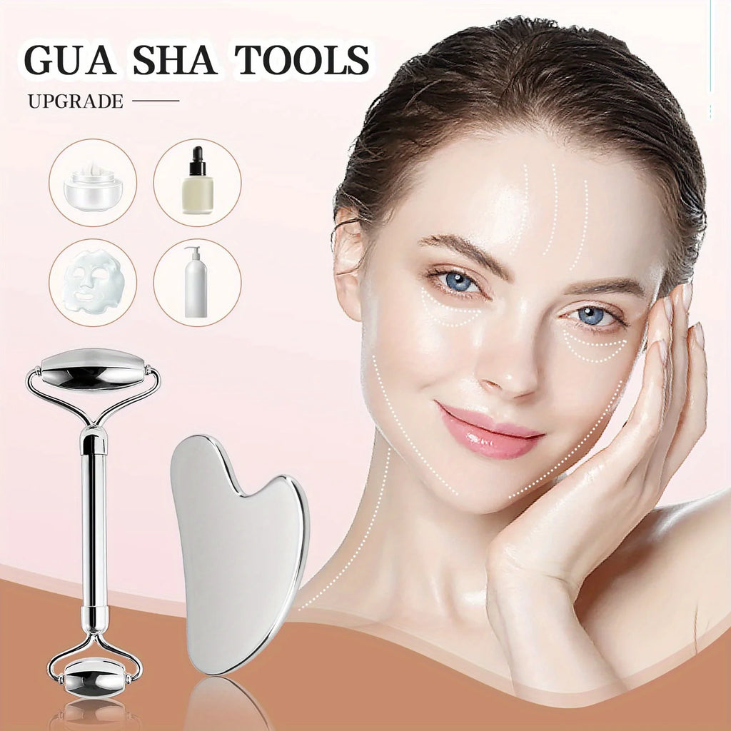 Set Rodillo Facial y Gua Sha de Acero Inoxidable