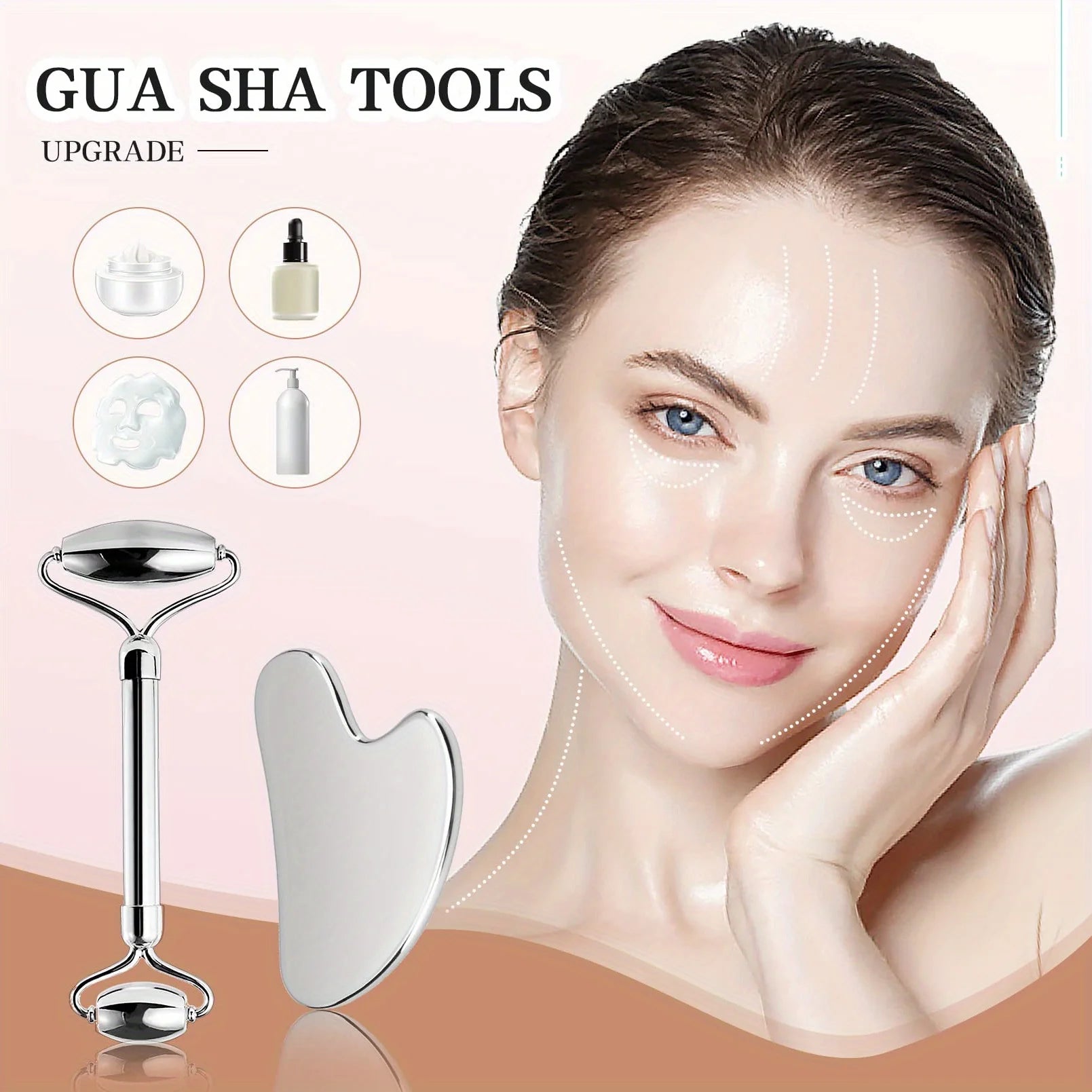 Set Rodillo Facial y Gua Sha de Acero Inoxidable