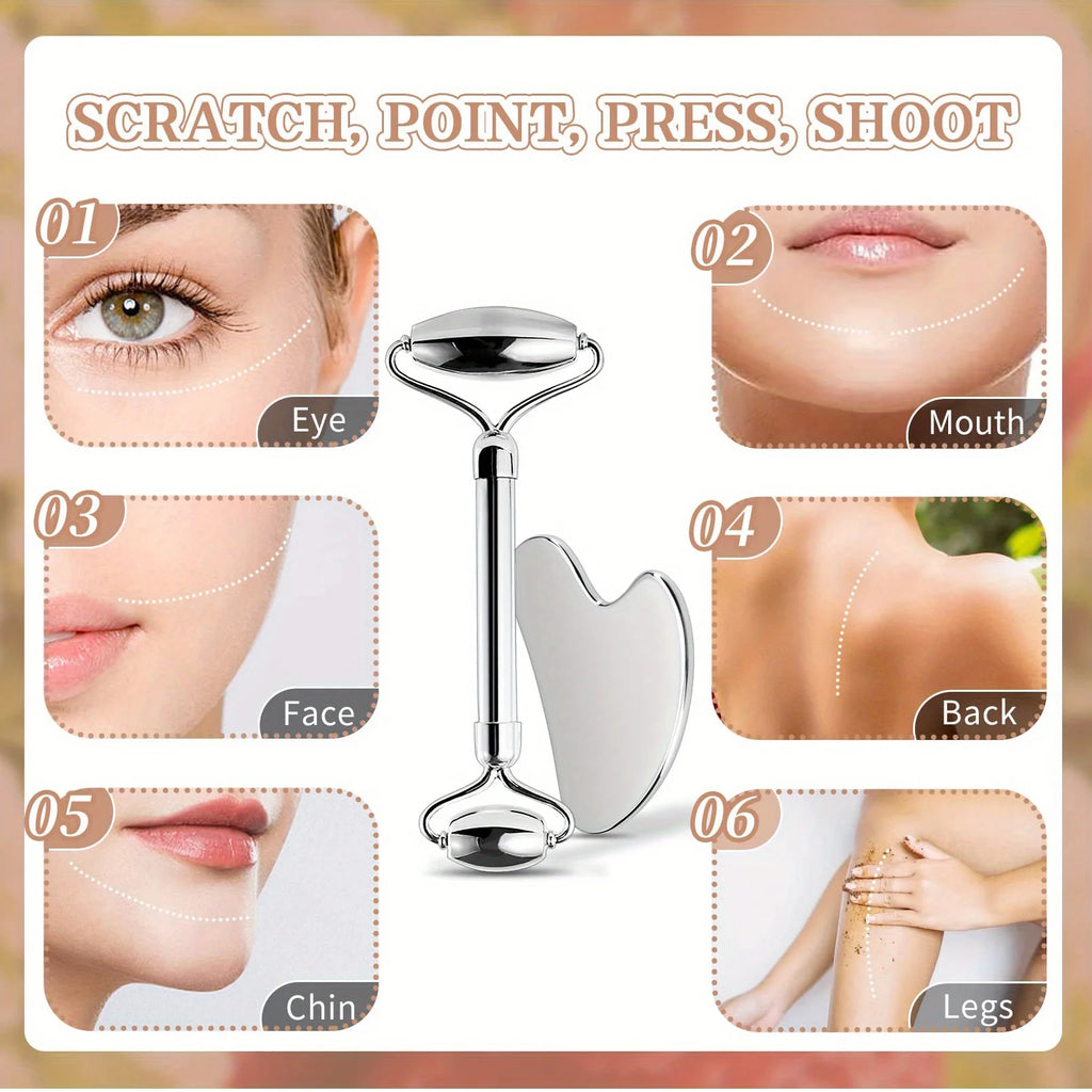 Set Rodillo Facial y Gua Sha de Acero Inoxidable