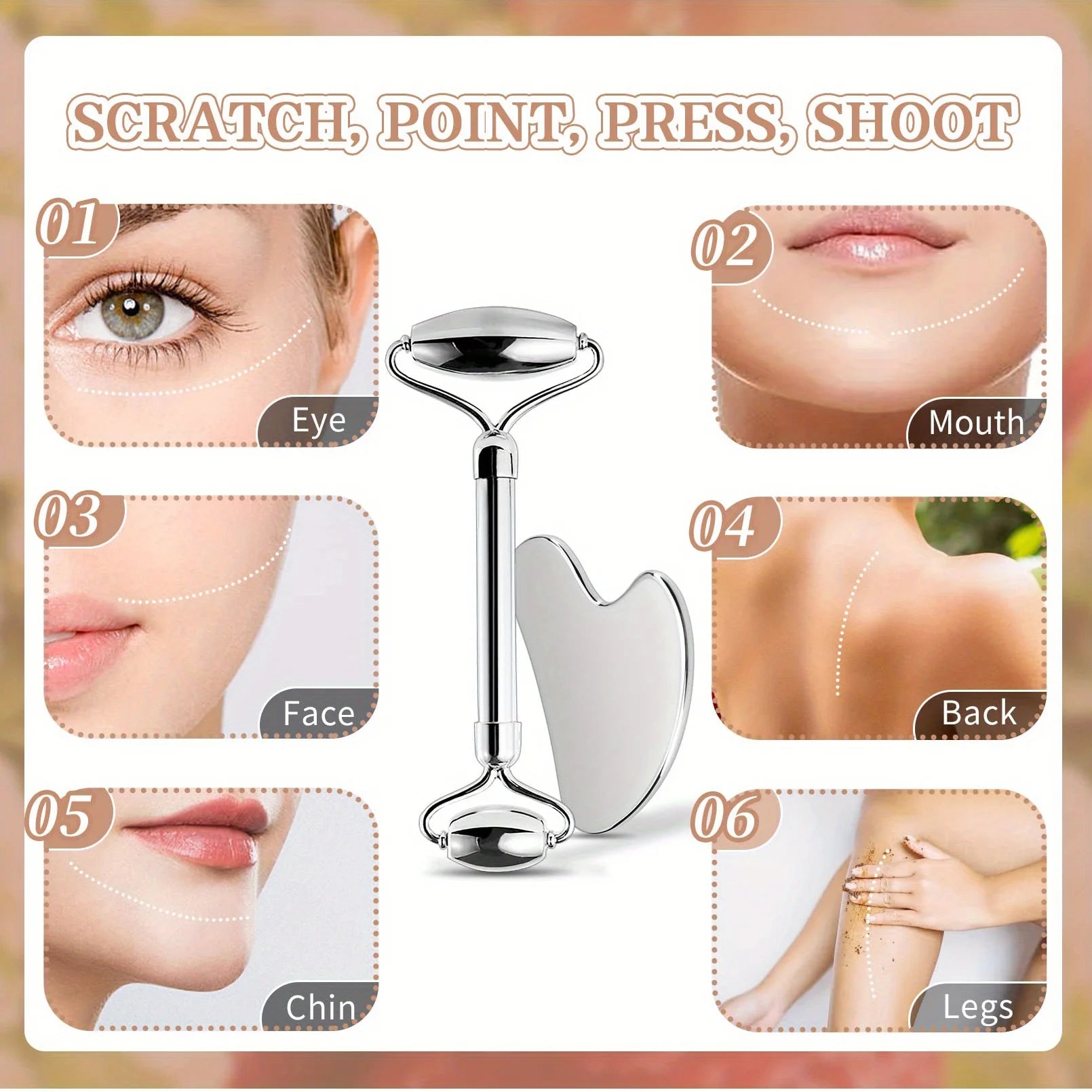 Set Rodillo Facial y Gua Sha de Acero Inoxidable