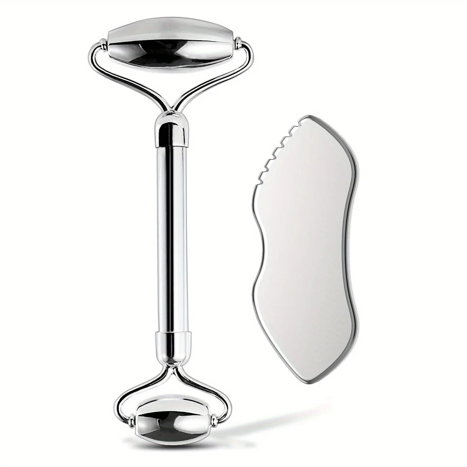 Set Rodillo Facial y Gua Sha de Acero Inoxidable