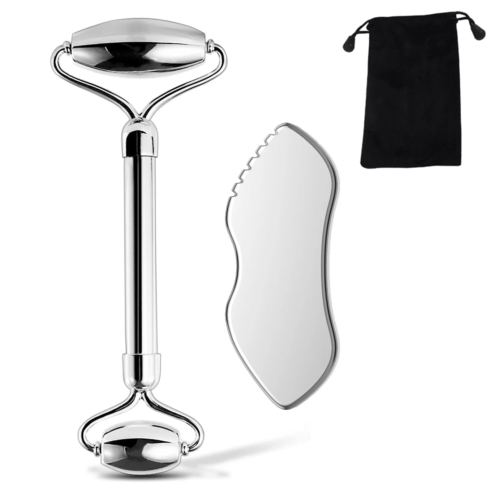 Set Rodillo Facial y Gua Sha de Acero Inoxidable
