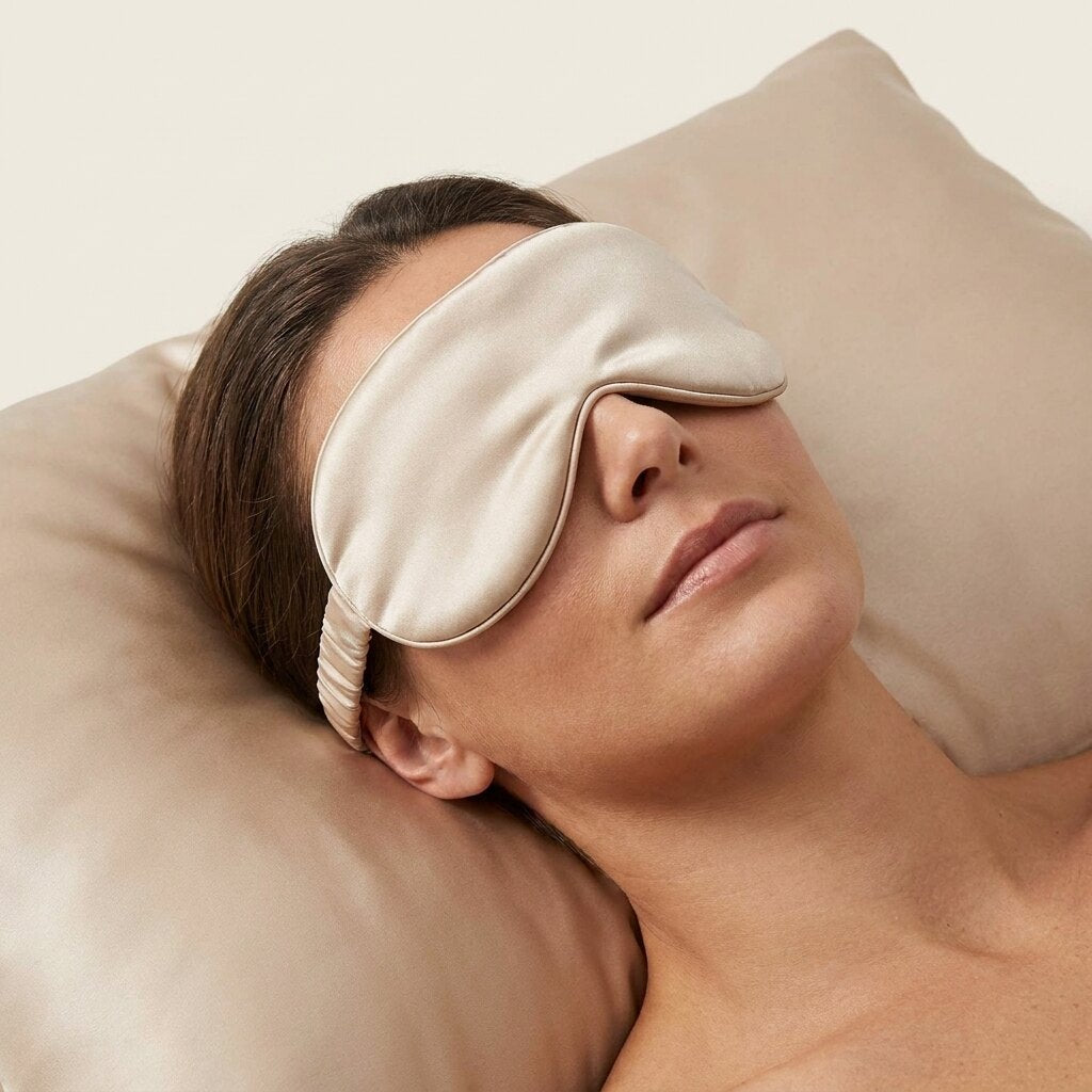 Mujer durmiendo con el antifaz de seda 3D color arena puesto