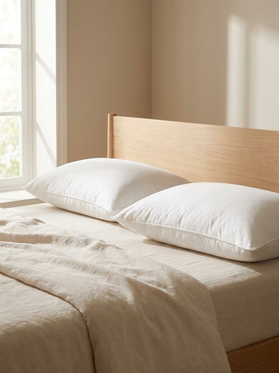 Dos almohadas de relleno de seda sobre una cama de lino junto a la ventana