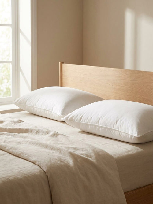 Dos almohadas de relleno de seda sobre una cama de lino junto a la ventana