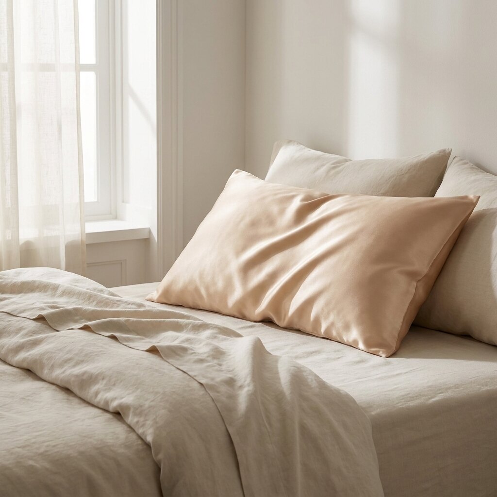 Funda de almohada de seda champán sobre una cama de lino hueso junto a la ventana