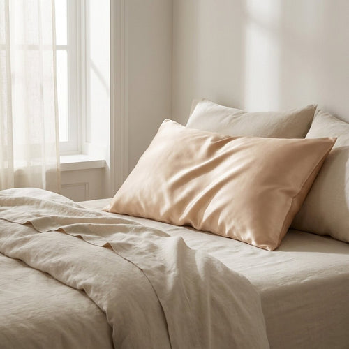 Funda de almohada de seda champán sobre una cama de lino hueso junto a la ventana