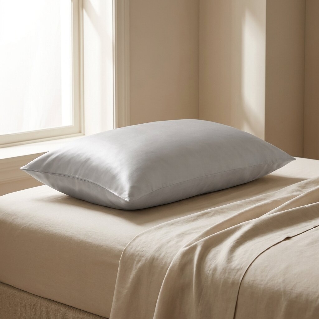 Funda de almohada de seda gris perla sobre una cama de lino hueso junto a la ventana