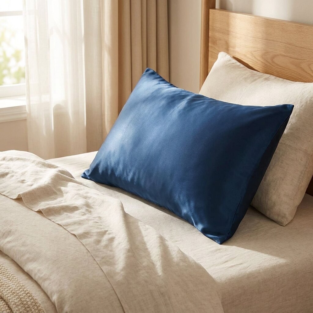 Funda de almohada de seda azul noche sobre una cama de lino hueso junto a la ventana