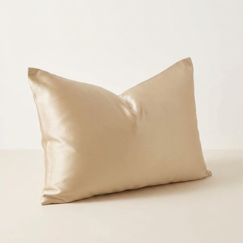 Funda de almohada de seda de 25 momme color champán sobre fondo claro