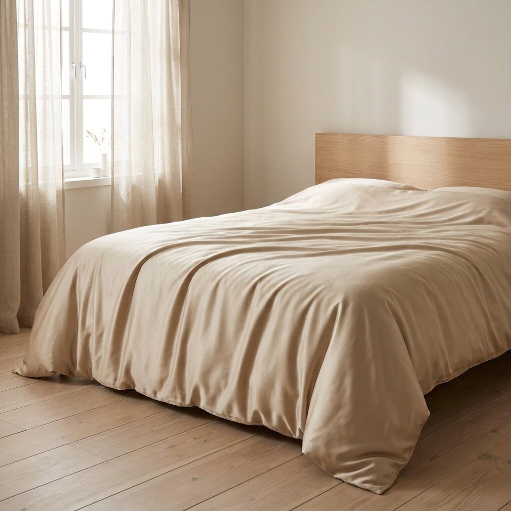 Funda nórdica de seda champán sobre una cama junto a la ventana