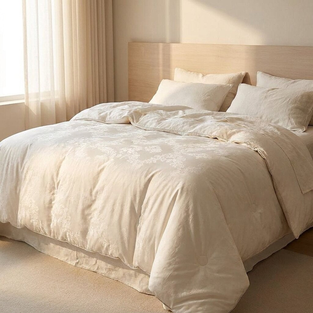 Nórdico de seda de morera extendido sobre una cama de lino junto a la ventana