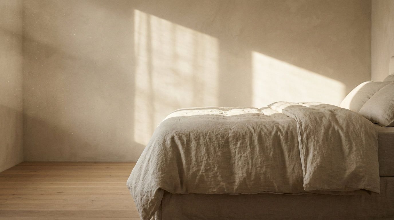 Dormitorio con ropa de cama de lino y luz suave de primera hora de la mañana